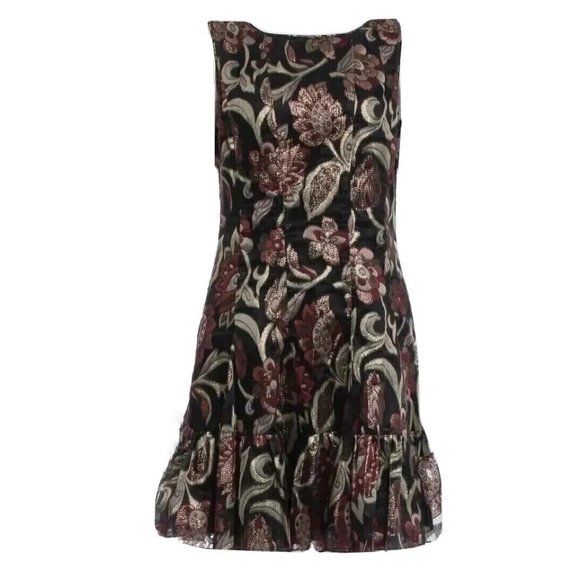 ANNA SUI Dress Metallic Floral Brocade Luxe Metallic Bronze Mini Ruffle Fall 17 - Picture 10 of 11